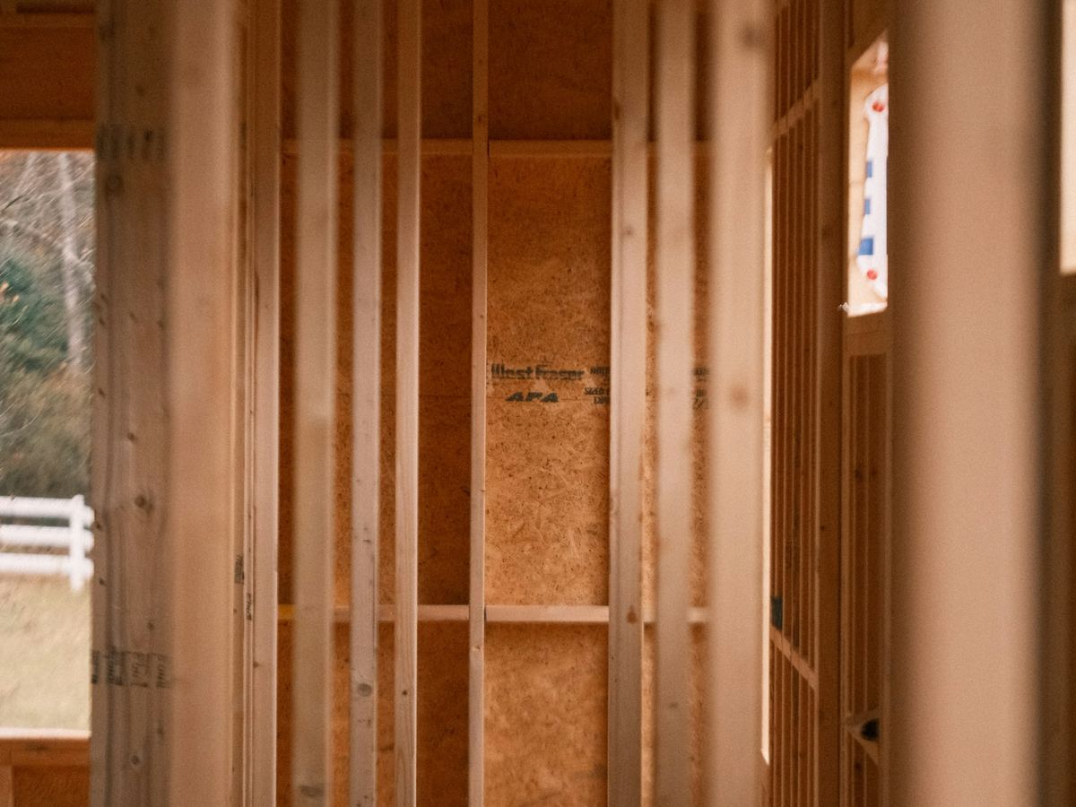 Interior wood stud framing in a residential building under construction