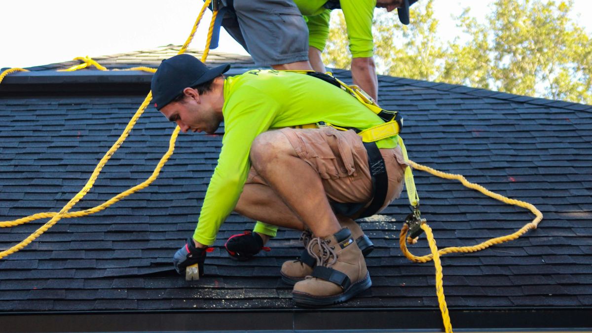 Roof workers wearing fall-protection harnesses tied off to safety lines
