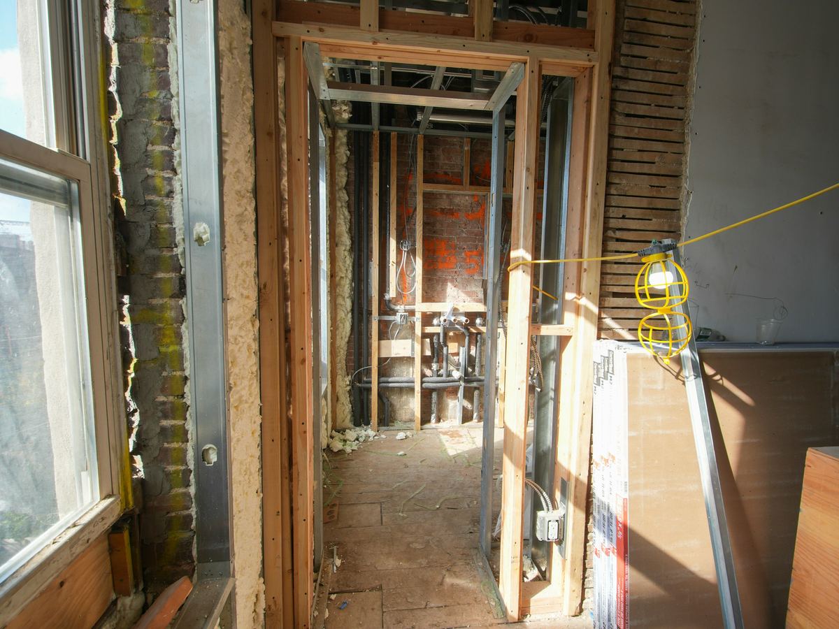 Interior space opened up to framing during a renovation
